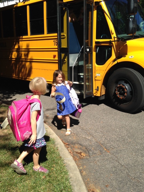 Getting off the blue bus after the first day